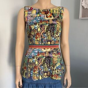 Anthropologie Weston City Scape abstract peplum cotton tank top‎ women’s medium